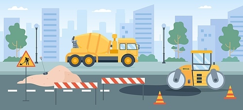 Road works. Pavement repair with asphalt roller, concrete mixer and street barriers. City roads maintenance service machines vector concept. Illustration repair road, industry construction