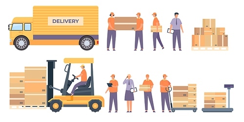 Warehouse workers and equipment. Flat delivery man with parcels, truck, pallet with boxes and service worker. Logistic industry vector. Worker with box in warehouse, storehouse storage illustration
