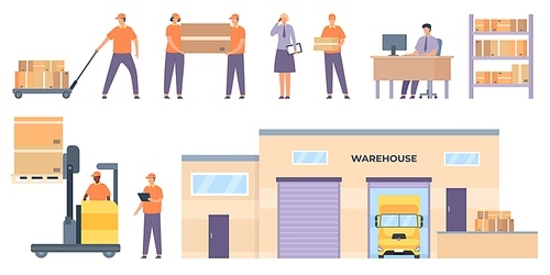Logistics workers. Merchandise warehouse building and truck, shelves with parcels, couriers, forklifts lift boxes. Flat delivery vector set. Illustration building warehouse, truck and storage