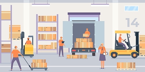 Warehouse interior. Rack and shelf with parcel boxes, workers and forklift with goods. Wholesale stockroom, logistic service vector concept. Illustration warehouse and storehouse interior