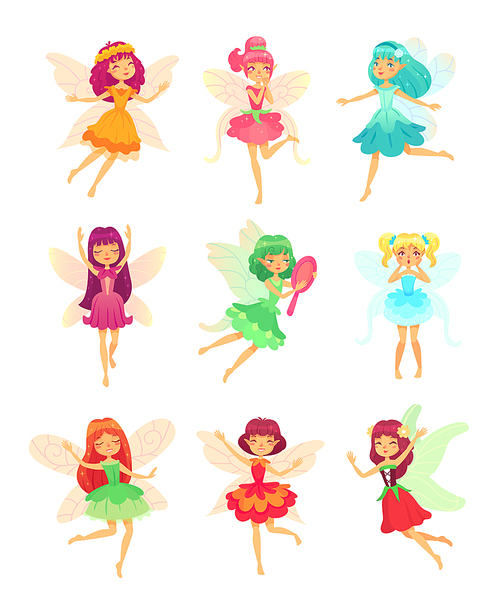Cartoon fairy girls. Cute fairies dancing in colorful dresses. Magic flying little colorful tale pixie creatures characters in sparkly dress with wings, long dark hair fantasy vector isolated icon set