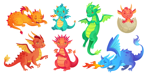 Dragon kids. Fantasy baby dragons, funny fairytale reptile and medieval legends fire breathing serpent. Fairy tale magic dinosaur child, cute monster babies. Cartoon isolated vector icons set
