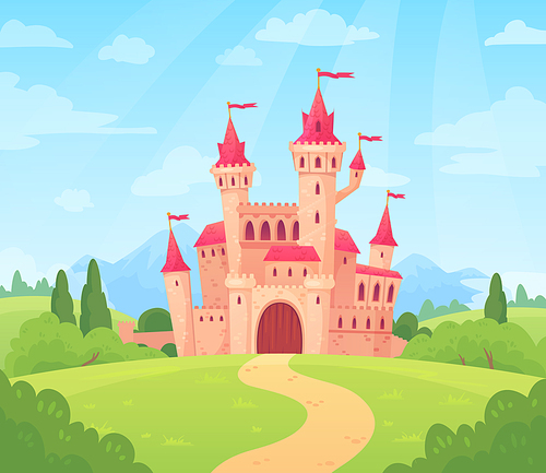 Fairytale landscape with castle. Fantasy palace tower, fantastic fairy house or magic castles kingdom. Old medieval stone tale castle architecture building cartoon vector background