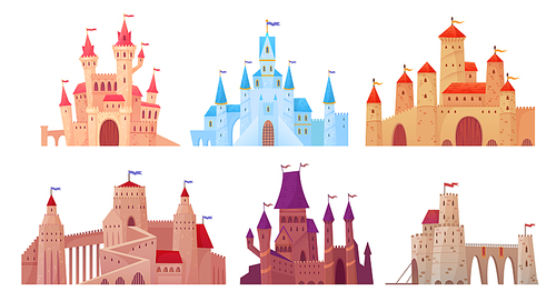 Medieval castle towers. Fairytail mansion exterior, king fortress castles and fortified palace with gate. Old ancient gothic tower fortress or fairy citadel cartoon vector isolated icons set