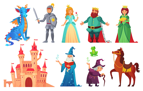 Fairy tales characters. Fantasy knight and dragon, prince and princess, magic world queen and king with castle tale magic. Fairytale isolated cartoon vector icons set