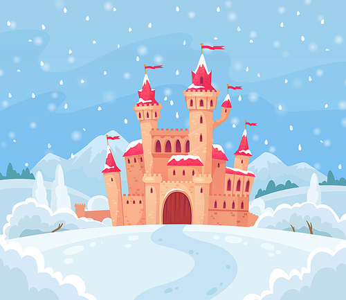 Fairy tales winter castle. Magical snowy landscape with medieval snow castle house, lapland christmas santa elf or ice princess home. Magic palace cartoon vector background illustration