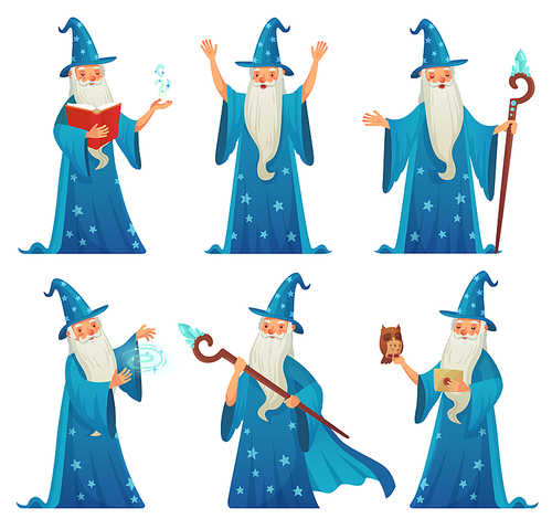 Cartoon wizard character. Old witch man in wizards robe, magician warlock and magic medieval spelling sorcerer merlin, male witchcraft in hat and mantle Mystery isolated vector icons set