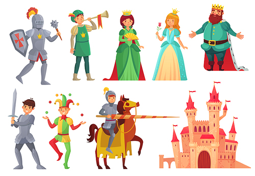Medieval characters. Royal knight with lance on horseback, princess, kingdom king and queen, historical renaissance chivalry and nobility fairytale isolated vector icons character set