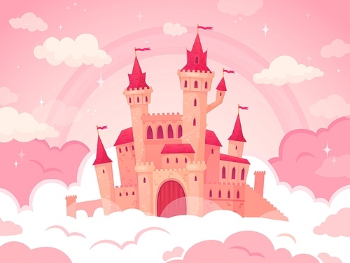Cartoon castle in pink clouds. Magic land, fairytale cloud and fabulous sky. Fairy castle for little princess. Fantastic tower, majestic kingdom building landscape vector illustration