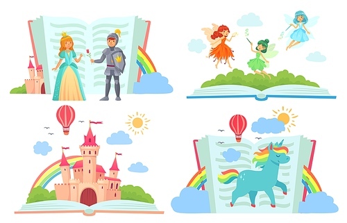 Open books with fairy tales characters. Kingdom with castle, royal knight giving rose to princess. Cute fairies flying with magic wands in dresses with wings. Unicorn with rainbow vector illustration
