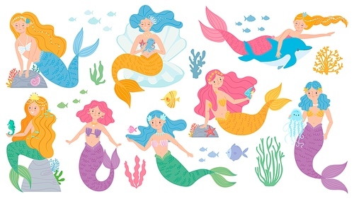 Mermaid. Cute mythical princess, little mermaids and dolphin, seashell and seaweeds, fishes and corals underwater game vector characters. Fairytale girls with colorful hair for fabric