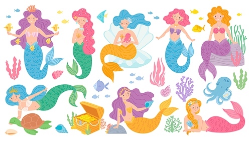 Cute mermaids. Fairytale underwater princess, mythological sea creatures, dolphins, treasure chest. Magic kids world vector game characters. Fairytale underwater, sea mermaid fantasy illustration