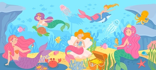 Underwater with mermaids. Seabed with mythical princesses and sea creatures, seaweeds and seashell, octopus, treasure cartoon vector background. Beautiful fantasy fairy tale girls, marine life