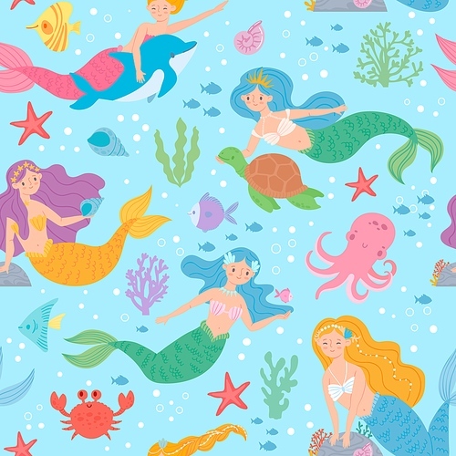 Mermaid seamless pattern. Fairytale princesses and sea creatures underwater world design for wallpaper, fabric  fashion vector texture. Marine life with turtle, octopus, crab and starfish