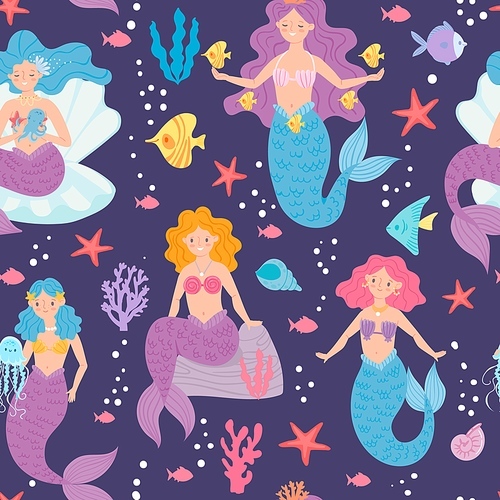 Mermaid seamless pattern. Cute little princesses, siren and sea creatures such as starfish, fish, corals underwater world for wallpaper, fabric  fashion vector background. Fairy tale character.