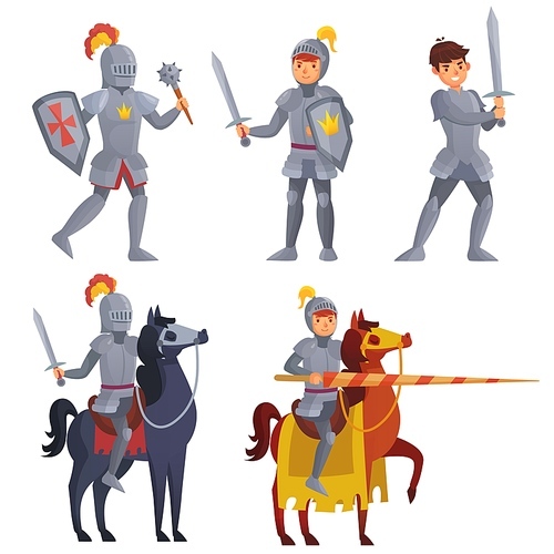 Medieval knight holding sword, royal knight with lance on horseback. Warriors with shield and mace for fighting in battle. Hero wearing armor isolated set. Fairy tale characters vector illustration