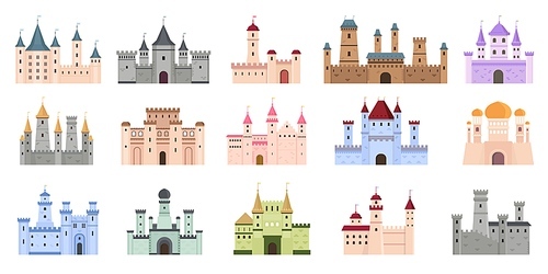 Medieval castles. Fairytale buildings, fortress and royal palaces. Flat ancient gothic architecture with towers. Cartoon castle vector set. Collection castle tower, ancient fortress architecture
