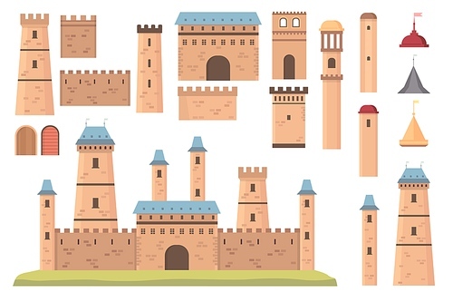 Castle constructor. Medieval architecture, towers with flags, walls and doors. Old historical bastion building, fortress vector set. Architecture castle, tower and stronghold construction illustration