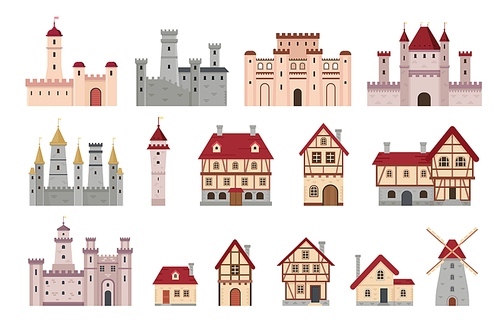 Medieval buildings. Ancient european town and village house, cottage and windmill. Cartoon tower, castle and palace. Architecture vector set of village medieval, european facade house