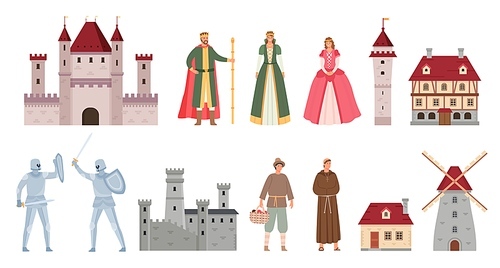 Medieval characters. Cartoon middle ages king, queen, princess, knights duel on sword, peasant and monk. Ancient castle and house vector set. Illustration king and queen, medieval cartoon castle