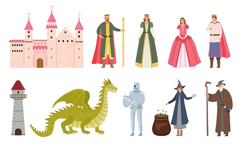 Fairytale characters. Cartoon medieval prince and princess, dragon, knight, witch and wizard. Magic royal castle, queen and king vector set. Illustration fairytale and kingdom, soldier and dragon