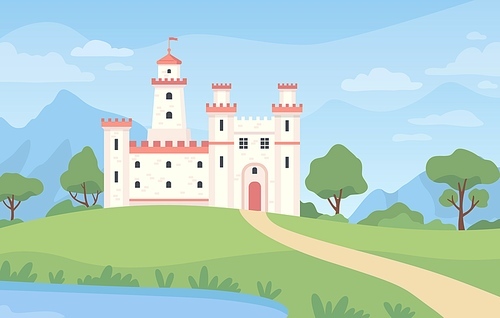 Landscape with medieval castle. Cartoon fantasy royal palace with towers. Old kingdom building, green meadow, pond and blue sky vector scene. Illustration stronghold castle, palace building