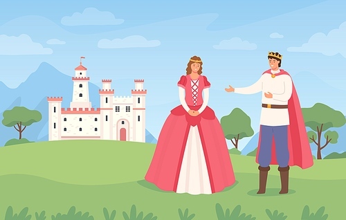 Landscape with prince and princess. Cartoon fairytale castle and character. Fantasy magical kingdom, medieval european vector background. King and queen european, kingdom fortress outdoor illustration