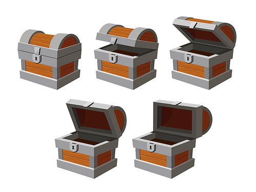 Chest animation. Cartoon empty treasure casket opening frames. Closed ancient chest with lock. Game wooden box with open cover vector icons. Chest animation old-fashioned, antique box for treasure