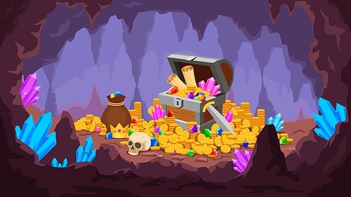 Treasure cave. Mine with pile of gold coins, crystals, old chest with map and gem, money bag and skull. Cartoon pirate treasury vector scene. Illustration cave with gem stone and treasure