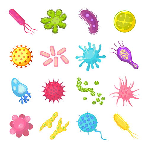 Bacteria and germs colorful set micro-organisms disease-causing objects, bacteria, viruses, pandemic microbes, fungi. Vector isolated cartoon biological icons