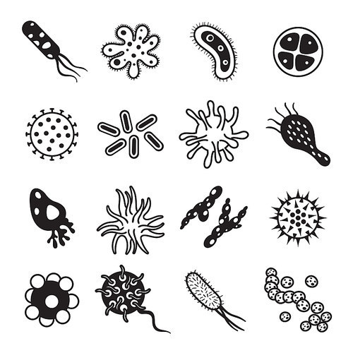 Biology diseases virus and mold bacteria hygiene icon. Biological disease mold hiv virus cell organism symbol and pandemic immune infection or microscopic pollen black isolated icons flat vector set