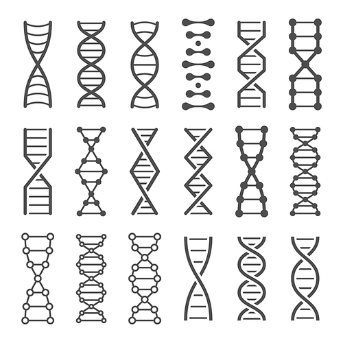 DNA spiral icon. Human genetics code, genom model and bio laboratory string spirals. Genetic code helix, biochemistry dna molecular alterations. Vector isolated icons set