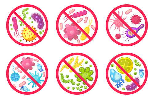 Antiviral and antibacterial icon. Vector icons set. Ban infection and virus, antibacterial symbol collection, no flu and bacterial illustration