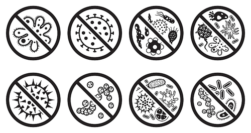 Antiviral and antibacterial icon. Vector icons set. Microorganism ban collection, black and white symbol forbidden coronavirus illustration