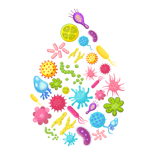 Microbes and viruses in water drop. Contaminated water vector illustration. Virus in drop water, microbe and bacteria, infection or disease