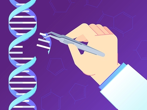 CRISPR CAS9 Gene editing tool. Genome edits, human dna genetic engineering and DNA code vector illustration. Modern laboratory research biotechnology concept with scientist hand and tweezers