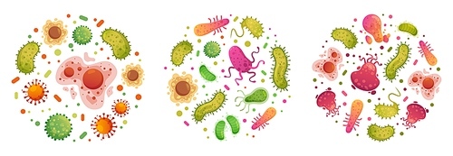 bacteria and germ in circle. bacterias, disease cells and germs in round . human diseases cartoon vector illustration set. bacteria biology, bacterium virus, microorganism infection