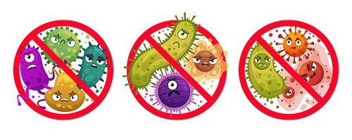 Bacteria in prohibition sign. Comic crossed out microbes and viruses, bacterial protection and disinfection caution icon cartoon vector illustration set. Stop infection, epidemic and flu prohibition
