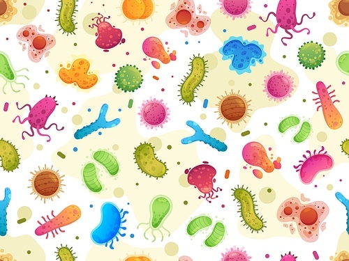 Seamless bacteria pattern. Color germs, microorganism cells microscopic organisms and viruses cartoon vector illustration. Bacteria and bacterium seamless pattern