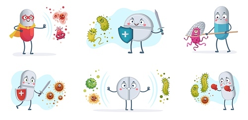 Antibiotic fight bacteria and virus. Strong antibiotics pills with shield protect from bacterias, medical pill vs viruses vector cartoon illustration set. Medical antibiotic character care with shield