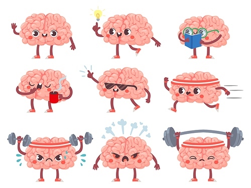 Brain characters. Happy brains in different poses and emotions, mental exercise, education metaphor creative mascot icons cartoon vector set. Having idea, reading book, drinking coffee, doing sport
