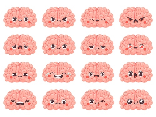 Brain emoticons. Cute brains characters with different face expression. Happy and angry, whink and sad, creative avatar cartoon vector set. Funny faces laughing and crying, surprised emotion
