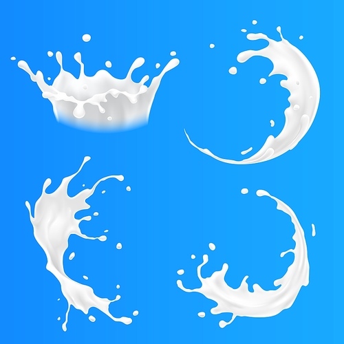 Milk splashes and pouring realistic diary products. Natural yoghurt or cream drops and curves set isolated on blue . White liquid falling and splattering 3d vector illustration.