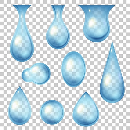 Water drops and bubbles. 3d realistic fresh blue droplet icons. Tear, dew or raindrop. Nature clean liquid shapes. Freshness logo vector set. Aqua rain droplet isolated on transparent