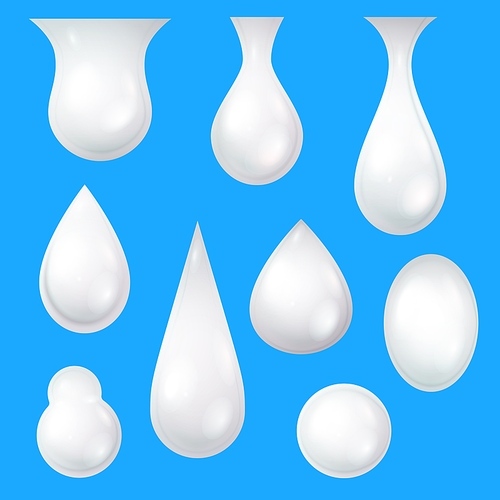 Milk drops. Realistic yogurt, cream or cosmetic white droplets. Skin care mousse, gel or lotion. Dripping almond or coconut milk vector set of different shapes. Paint or drink isolated elements