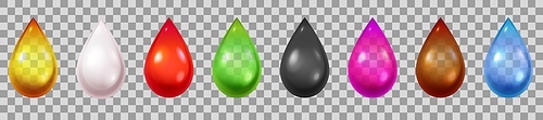 Realistic liquid drops. 3d droplets of water, blood, green and black tea, cream, petrol and oil. Pink and golden cosmetics drop vector set. Colorful dripping isolated liquid or fluid elements