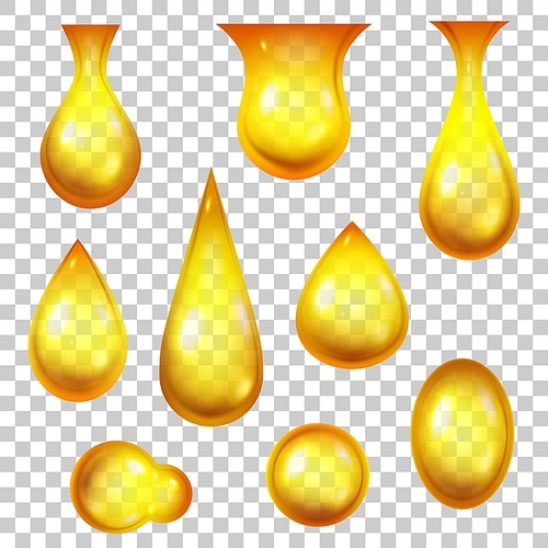 Oil drop. Realistic honey drops and golden bubbles. 3d dripping yellow droplets for cosmetic or petrol products. Falling liquid vector set. Machine oil, gasoline or essence for skincare