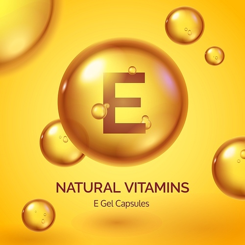 Capsule with vitamin E. Realistic gold pill. Cosmetic skin care product poster with oil drops and bubbles. Beauty and health vector concept. Medical supplement, organic tablet treatment