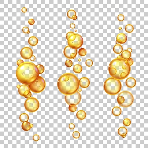 Oil bubbles. Gold cosmetic liquids with keratin, jojoba or collagen. Natural vitamin pills essence. Realistic 3d flying droplets vector set. Olive or fish oil, emulsion or fluid for medicine