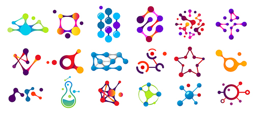 Connected molecules. Molecule connection model, chemistry particle and color molecular structure. Biology connecting logos, dna connect diagram, molecules interaction. Isolated symbols flat vector set